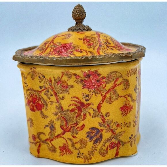 Rare Vintage Mark Roberts Porcelain Trinket Box With Lid Floral Design Copper - Picture 2 of 14
